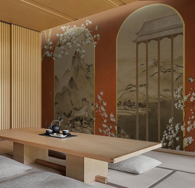 Decorazione murale con paesaggio dell'Arco d'Oro / Murale del padiglione di montagna cinese / Download digitale ad alta risoluzione per interni in stile cinese o orientale