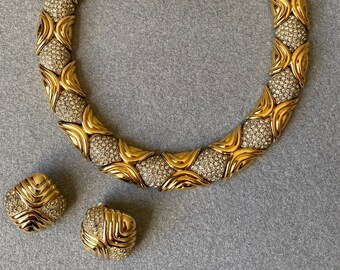 Vintage Ciner 18K Gold Plate Necklace & Earrings Swarovski Crystals