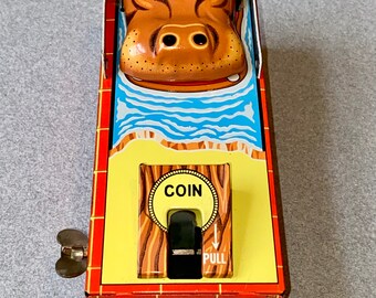 Vintage Tin litho Hippo Coin bank Wind Up...1960's Made in Japan