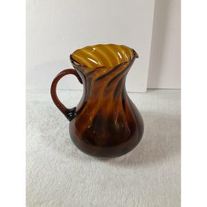 Hand Blown Amber Swirl Glass Pitcher With Applied Twisted Handle MCM Mid Century Modern Decor Barware