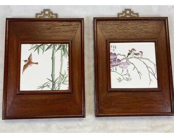 Vintage Signed Chinese Hand Painted Landscape Porcelain Tiles Birds Brass Hanger