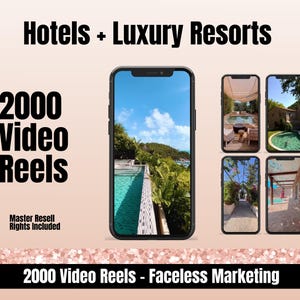 May include: A collage of images showcasing luxury hotels and resorts. The images feature swimming pools, lush greenery, and outdoor spaces. The text "Hotels + Luxury Resorts" and "2000 Video Reels - Faceless Marketing" is displayed on the image.