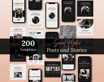 May include: A collection of 200 social media post and story templates in black and white with text overlays. The templates feature a variety of designs, including quotes, announcements, and calls to action. The text "200 Templates" is displayed in a large font at the center of the image.