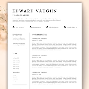 May include: A black and white resume template with the name Edward Vaughn and the title Photographer. The resume includes sections for education, work experience, skills, and personal skills.