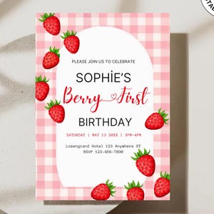 Strawberry First Birthday Invitation, Pink Gingham Berry First Birthday Berry First Birthday Digital Invitation Birthday,