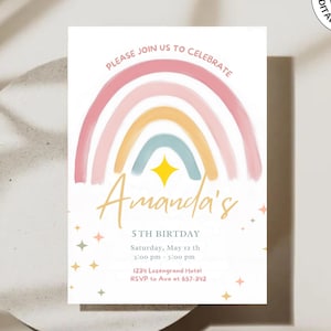 Rainbow Birthday Invitation, Gold Modern/Boho Rainbow, Fun Birthday Invitation Template, Editable Printable Download