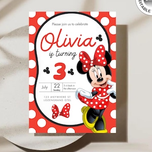 Convite de aniversário da Minnie Mouse, modelo de convite de aniversário da Minnie Mouse para impressão, convite da Minnie Mouse editável digitalmente no canva
