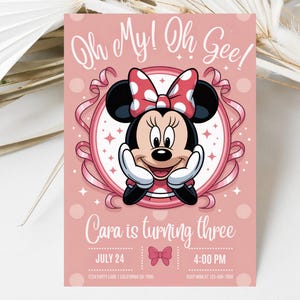 Editable Oh My Oh Gee! Minnie Mouse Themed Birthday, Girl Turning Three, Pink Bow Themed Bday Party Invite, Printable Canva Digital Download