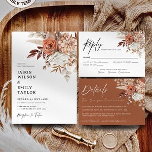 Boho Terrakotta Hochzeitseinladung Vorlage Set, moderne orange Rose elegante Details, Pampas Antwortkarten