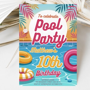 Neon Pool Party Invitation: Editable Swim Birthday Template (5x7 Digital Download)