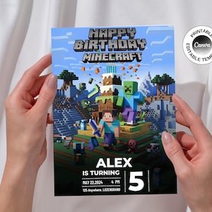 Minecraft-Geburtstagseinladung | Bearbeitbare Minecrafter Einladung | Minecrafter Geburtstagseinladungen für Canva
