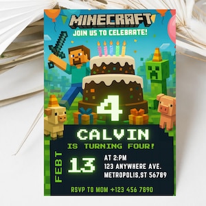 編集可能なMinecrafter誕生日招待状、Minecrafter誕生日招待状、誕生日招待状、ゲーマー招待状、デジタル招待状