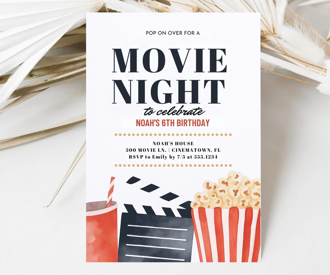 Editable Movie Night Birthday Invitation, Pop on Over Movie Birthday ...