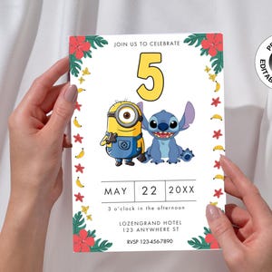 Minions & Stitch Convite de aniversário convite festa infantil modelo convite no Canva Digital personalizado