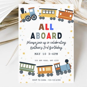 Editable Birthday Invitation, Modern Train Party Invite, Editable Digital Canva Template, Printable Download