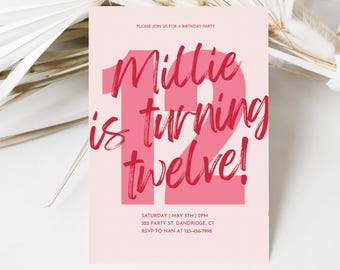 Pink Modern 12th Birthday Invitation Template: Editable Canva Design (5x7 Digital Download