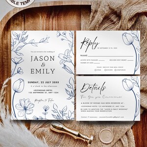 Blue Floral Wedding Invitation Set: Elegant Template (Digital Download)
