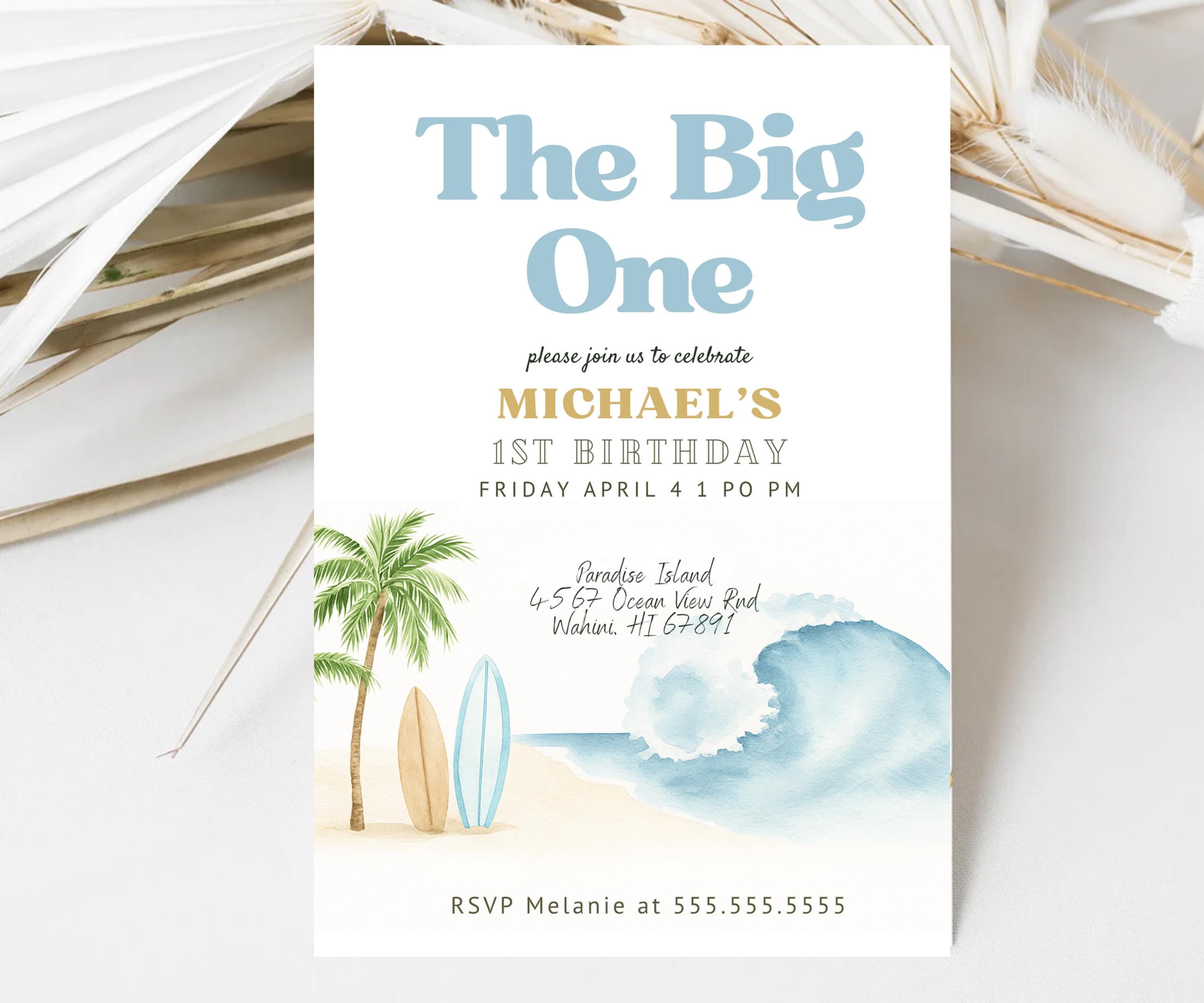 The Big One Surf Birthday Invitation: Beach Pool Party, Editable Canva Template (Digital Download)