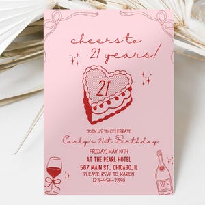 Modèle modifiable d'invitation pour 21 ans, à la main à 21 ans, invitation à une fête d'anniversaire dessinée à la main, invitation d'anniversaire coquette rose et rouge