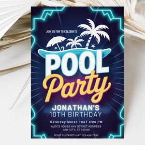 Editable Pool Party Birthday Invitation, Neon Glow Swim Invite for Boys, Blue Pool Birthday, Canva Template Digital Invitation