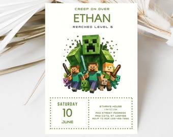Editable Minecrrafter Birthday Invitations, Size 5X7, Video Game Birthday Invitation, Birthday Card, Girl Boy Birthday, Digital Invite