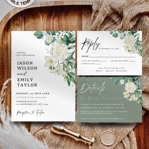 Weiße Rose Minimalist Hochzeitseinladung Vorlage Set, Elegante Grün Details Karte, druckbare Antwortkarten, Cloe