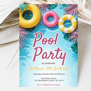 Neon Pool Party Invitation: Editable Swim Birthday Template (5x7 Digital Download)