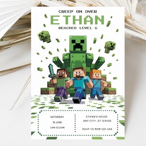 編集可能なMinecrafter誕生日招待状、サイズ5X7、ビデオゲーム誕生日招待状、誕生日カード、女の子男の子誕生日、デジタル招待状