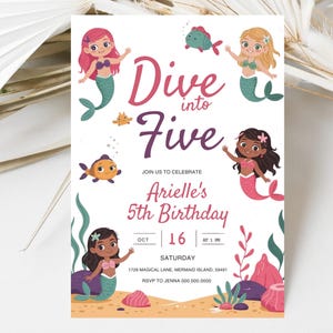 Mermaid 5th Birthday Invitation: Pastel Under the Sea Theme (Digital Download, 5x7 in Canva Template