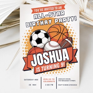 Editable Sports Birthday Invitation: All-Star Party, Multi-Sport Design (Digital Invite)