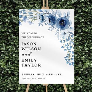 Dusty Blue Wedding Welcome Sign Template, Elegant Boho Greenery Details Card, Printable