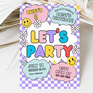 Editable Let&#39;s Party, Checkered Smile Face Invitation, Retro Groovy Birthday, Party Emoji Invitation, Hippie Disco Party, Digital Download