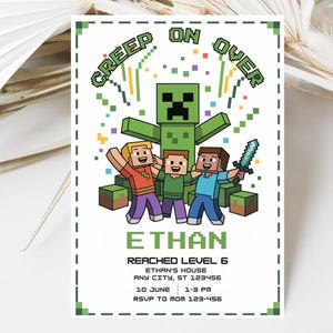 編集可能なMinecrafter誕生日招待状、サイズ5X7、ビデオゲーム誕生日招待状、誕生日カード、女の子男の子誕生日、デジタル招待状