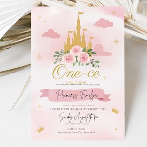Princess 1st Birthday Invitation: Pink Castle, Editable Canva Template