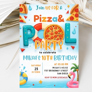 Pizza Pool Party Invitation: Editable Boy Birthday Invite (Digital Download, 5x7in Canva Template)