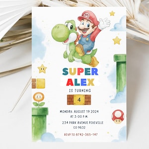 Bewerkbare verjaardagsuitnodiging Super Mario en Yoshi – Digitale download met gratis bedankkaartjes – Aanpasbare Canva-sjabloon