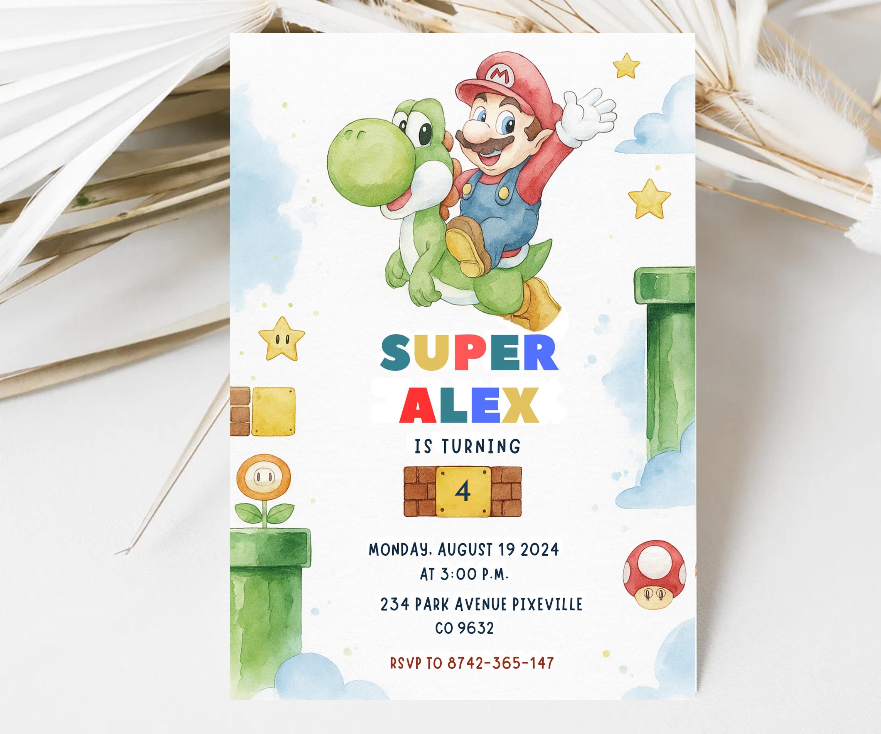 Editable Watercolor Super Mario Birthday Invitation, ANY AGE Nitendo Boy Girl Birthday Invite, Modern Mario Bross Game Invitation CANVA