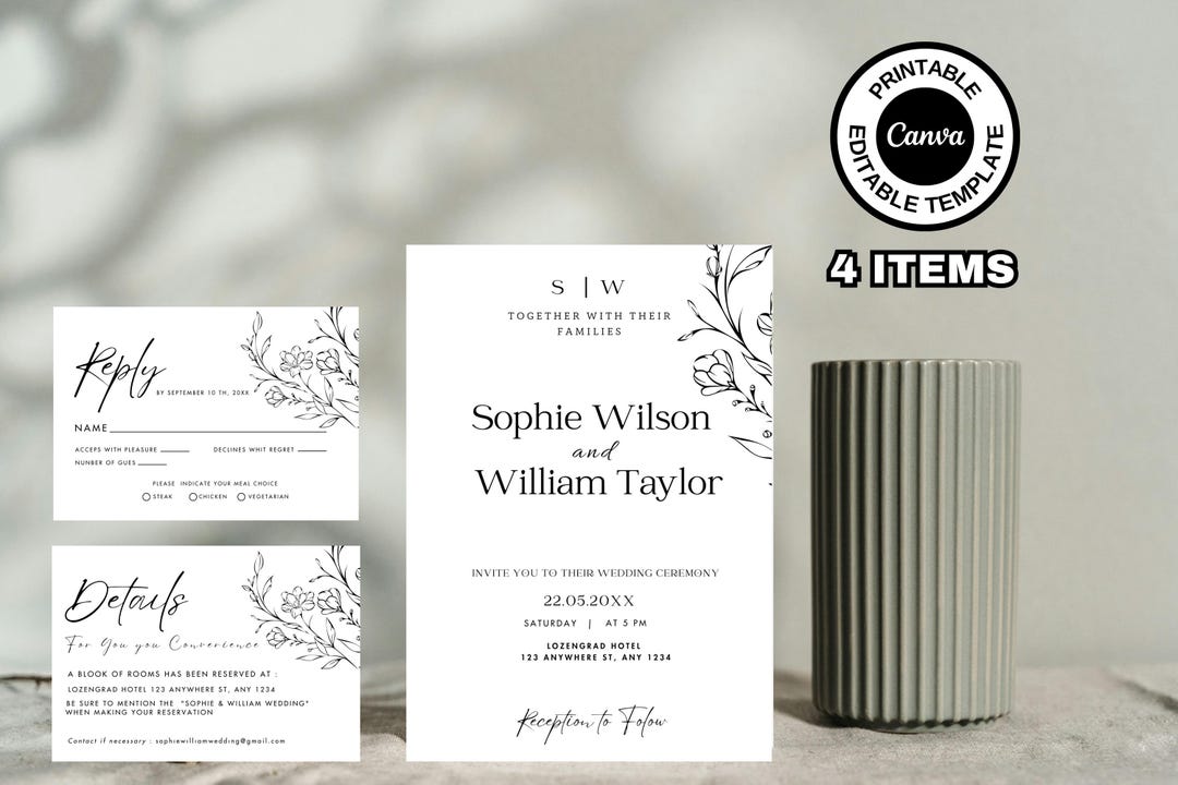 Editable Black White Invitation Template Printable Wedding Invitation Editable Black White Invitation Template Printable Wedding Invitation