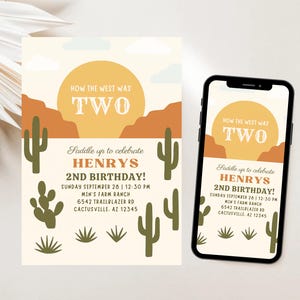 Wild West 1st Birthday Invitation: Cowboy Party, Editable Canva Template (Digital Download 5x7in