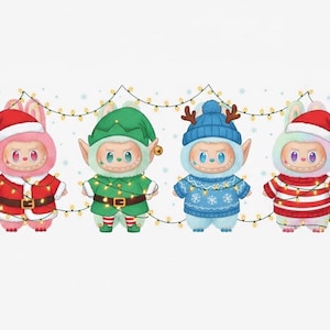 May include: Four cartoon figures dressed in holiday attire, including Santa, an elf, a snowman, and a striped sweater. Each figure is adorned with string lights and stands against a white background with snowflakes.