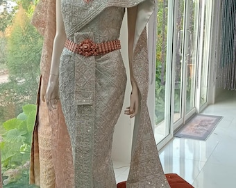 Ready to ship| Authentic Brocade Thai silk| Traditional Thai Bridal dresses | Handmade Embroidery | | Bust 38” Waist up to 34”| Adjustable