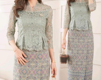 Stunning Thai DressI Thai/Laos DressI Premium Lace+Handwoven fabricI Temple Dress| Asian Dress| Mother of bride| Waist Up to 39&quot;
