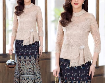 Elegant Thai DressI Thai/Laos DressI Premium Lace+Handwoven fabricI Fish tail SkirtTemple Dress| Asian Dress| Mother of bride| Waist to 38&quot;