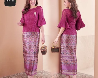 Elegant Thai DressI Thai/Laos DressI Premium Lace+Handwoven fabricI Temple Dress| Asian Dress| Mother of bride| Waist Up to 39&quot;
