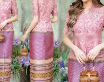 Stunning Thai DressI Thai/Laos DressI Premium Lace+Handwoven fabricI Temple Dress| Asian Dress| Mother of bride| Waist Up to 39&quot;