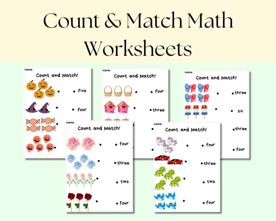 Preschool Count and Match Math Learning Worksheets, Preschool Math ...