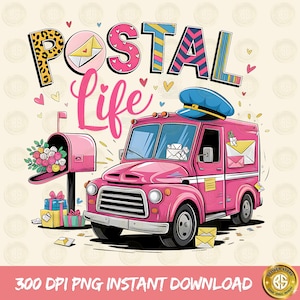 May include: A pink postal truck with a blue hat on top, a mailbox with flowers, and the words "POSTAL Life." The letter "O" in "POSTAL" has a yellow leopard print. Envelopes and hearts are scattered around the image.