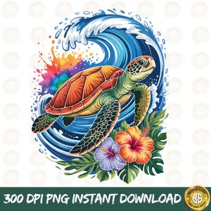 Sea Turtle PNG: Tropical Flowers, Ocean Wave Design (Digital Download)