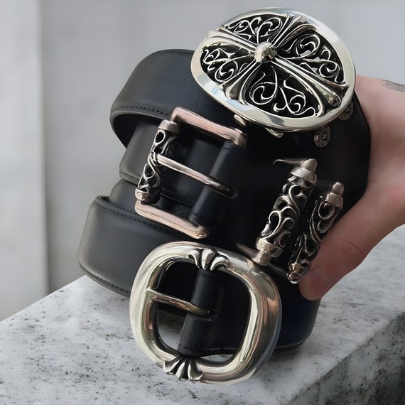 Silver Buckle Belt Chrome Hearts Design Gothic Leather Belt Chrome Accessories Designer Cross Belt Vintage Leather Belt Etsy