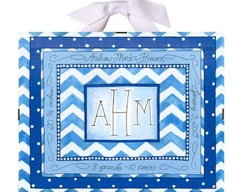 Personalized Baby Gift - Birth Record - Blue Chevron Baby Nursery